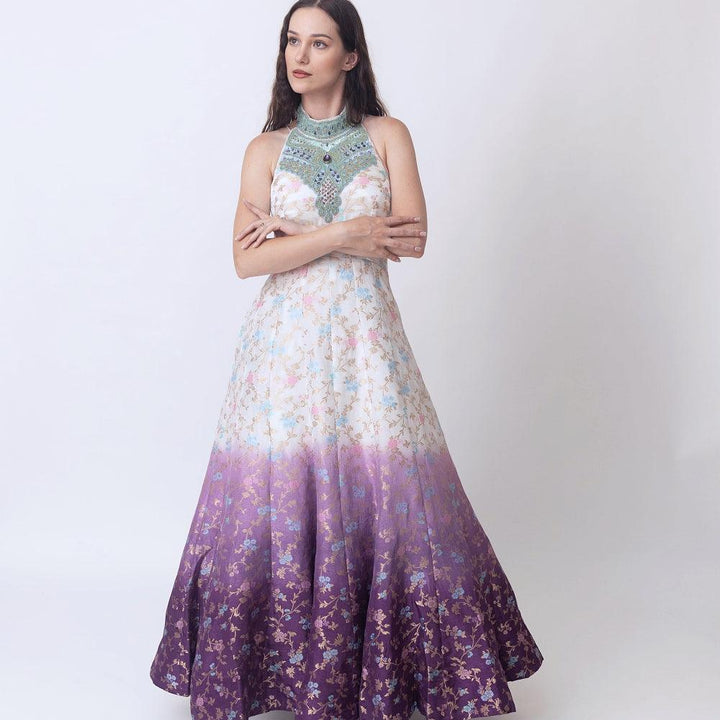 Maria Shaded Banarasi Jacquard Dress with Hand Embroidered Torso - Raas