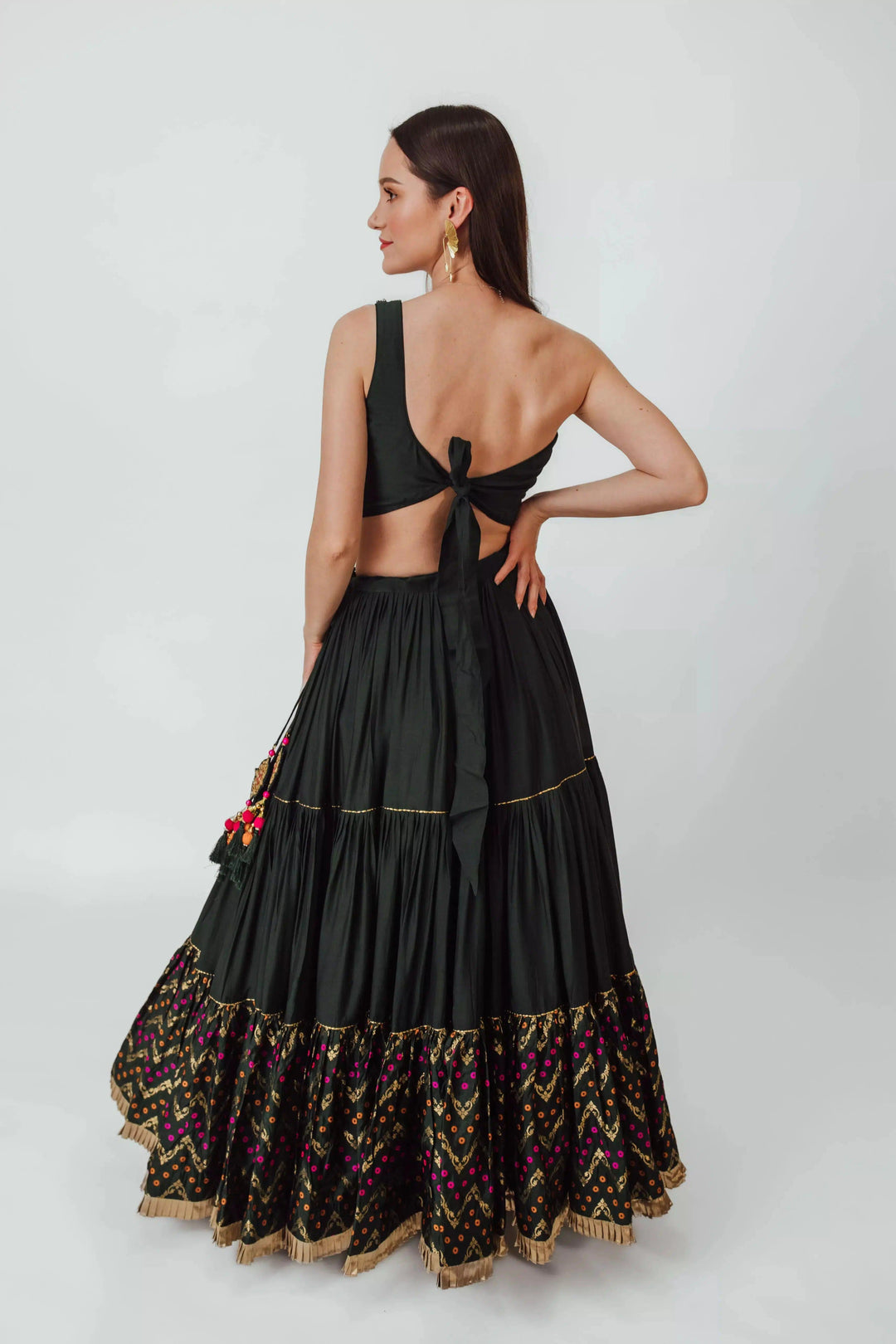 Mariana One Shoulder Forest Green Full Flare Tiered Lehenga-[lehenga choli]-[chaniya choli]