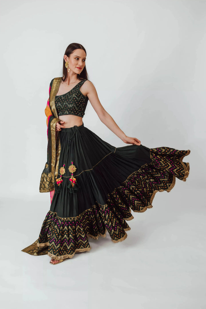 Mariana One Shoulder Forest Green Full Flare Tiered Lehenga-[lehenga choli]-[chaniya choli]
