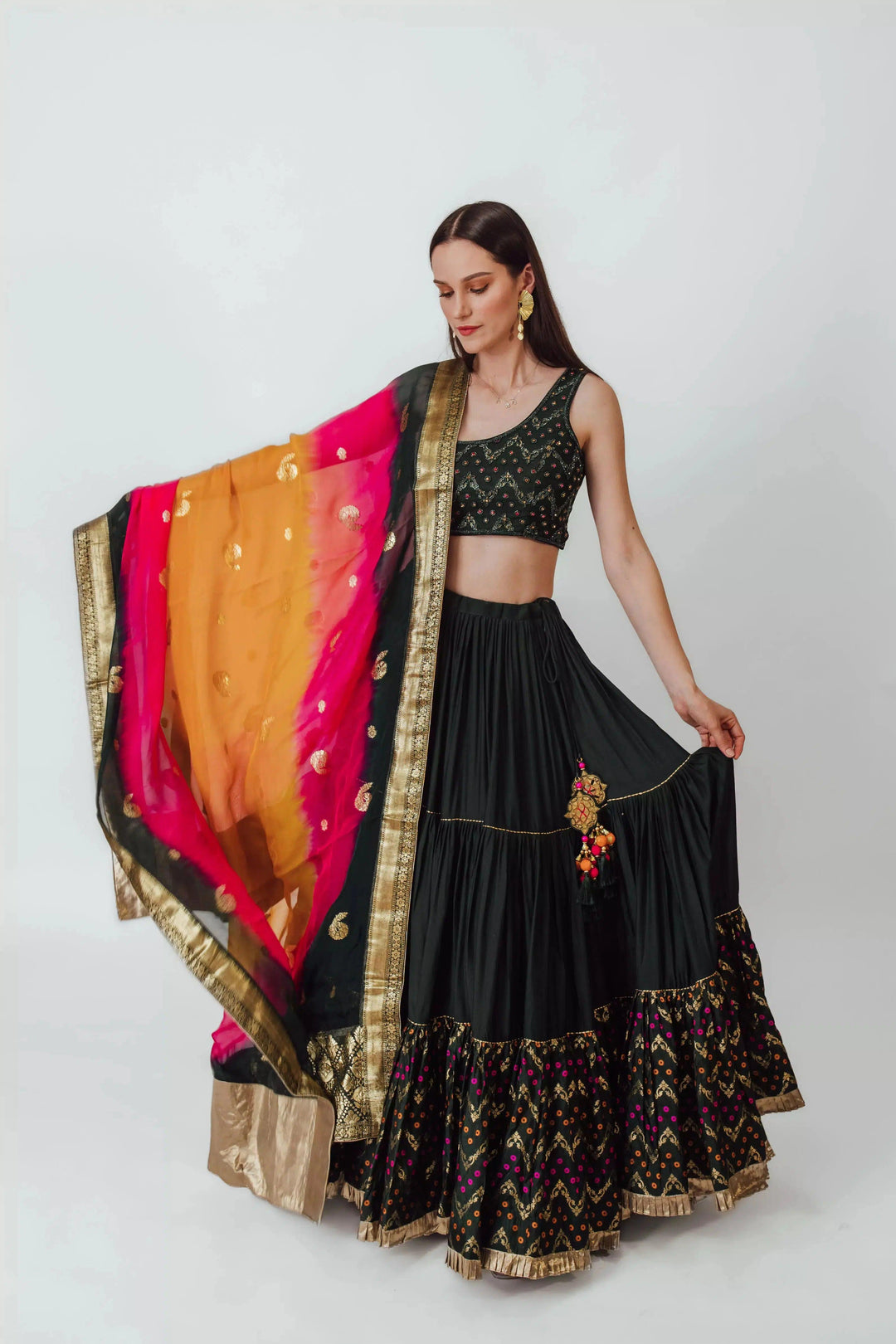Mariana One Shoulder Forest Green Full Flare Tiered Lehenga-[lehenga choli]-[chaniya choli]