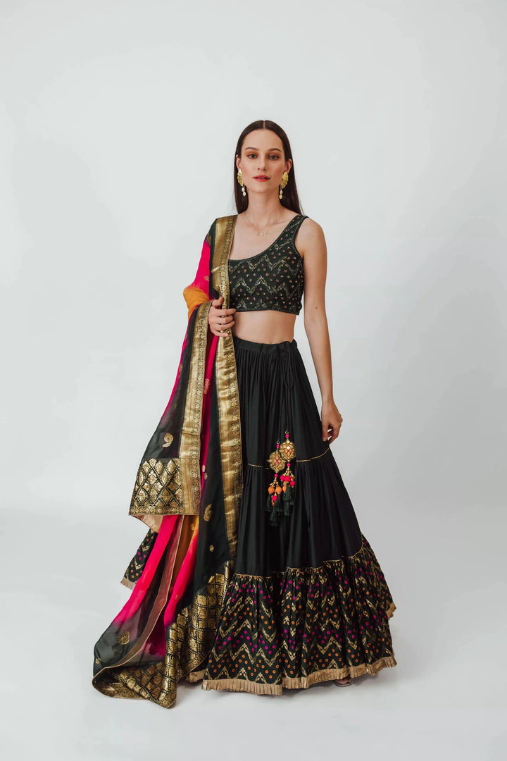 Mariana One Shoulder Forest Green Full Flare Tiered Lehenga-[lehenga choli]-[chaniya choli]