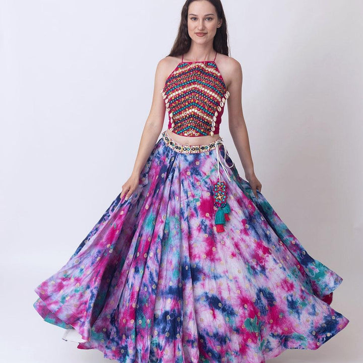 Maya Hand Tie Dye Lehenga Set with Heavy Embroidery Blouse - Raas