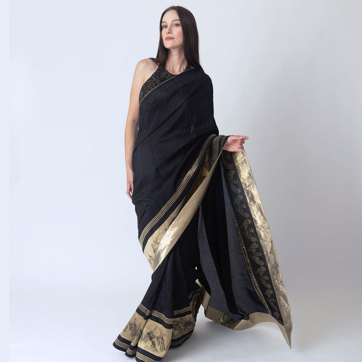 Black Pre Stitched Saree with embroidered blouse