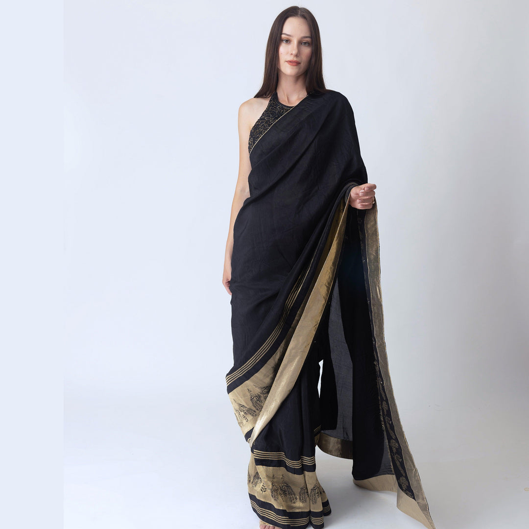 Mia Black Pre Stitched Saree with Hand Embroidered Blouse - Raas