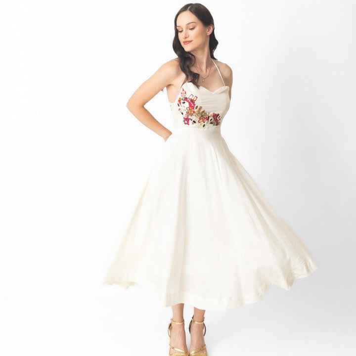 Mona Midi Off Shoulder Dress with Hand Embroidery - Raas