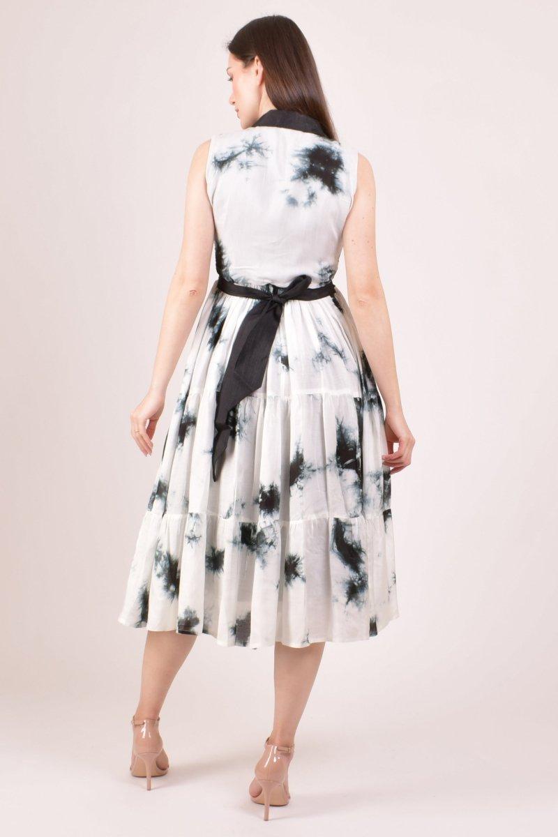 tie dye cocktail dress Monochrome Hand Midi Handmade tie dye halter Color:CREAM TEAL MULTI STRIPE Tahari Arthur S Levine Collection: Spindle