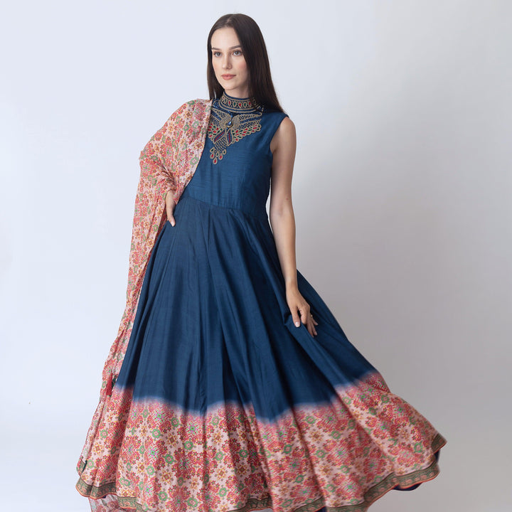 Myka Blue Gown with Hand Embroidery and Patola Print - Raas