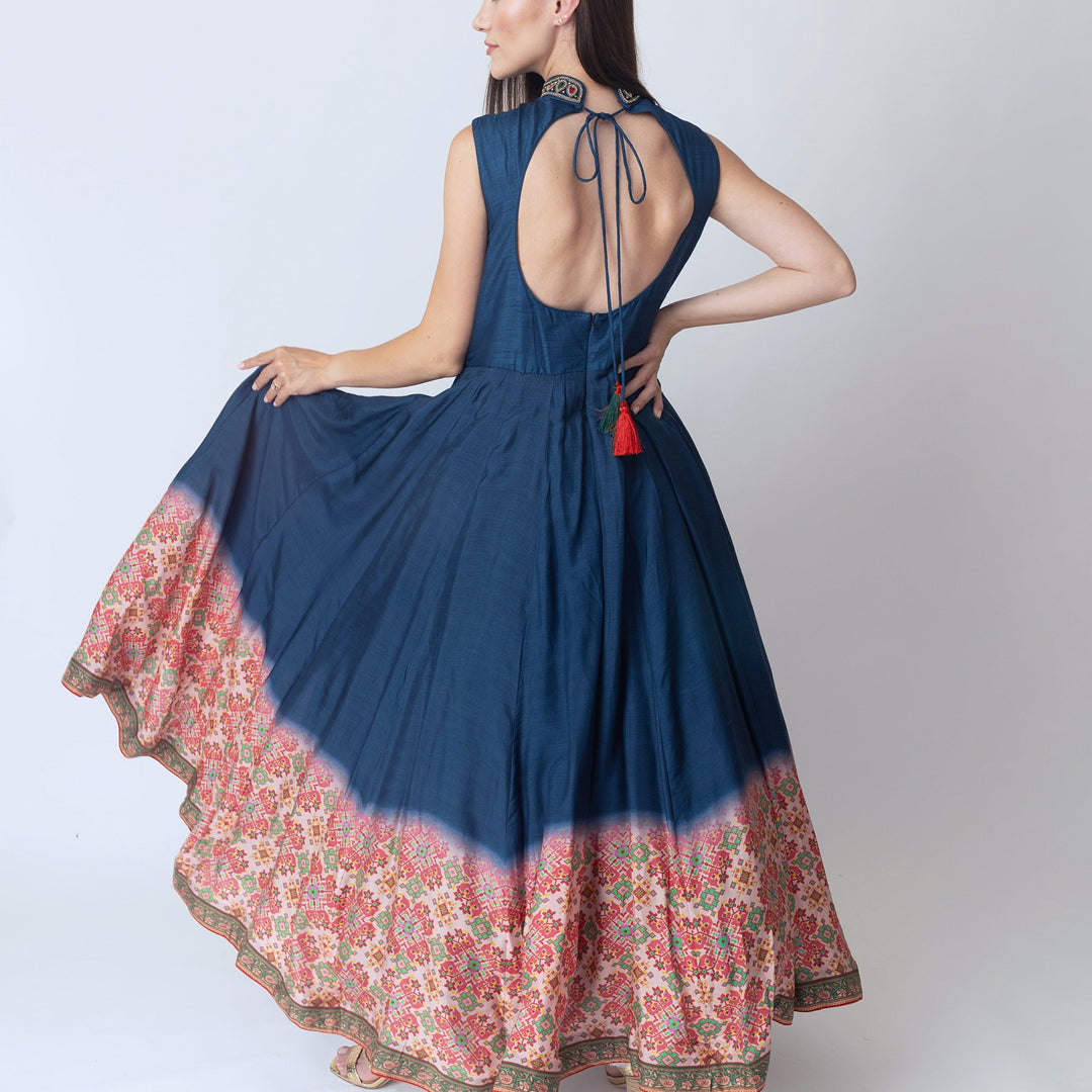 Myka Blue Gown with Hand Embroidery and Patola Print - Raas