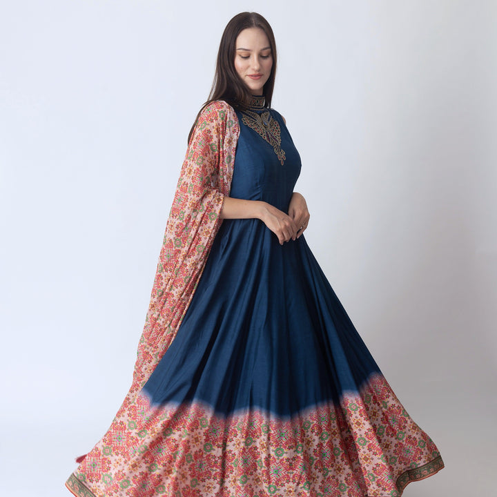 Myka Blue Gown with Hand Embroidery and Patola Print - Raas