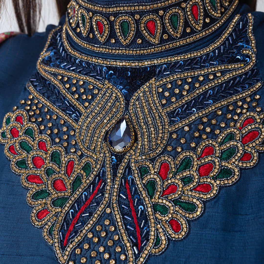 Myka Blue Gown with Hand Embroidery and Patola Print - Raas