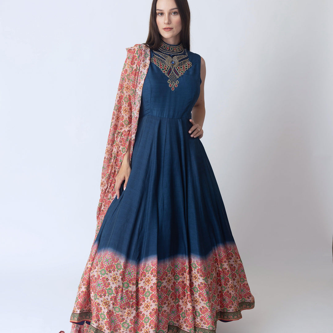 Myka Blue Gown with Hand Embroidery and Patola Print - Raas