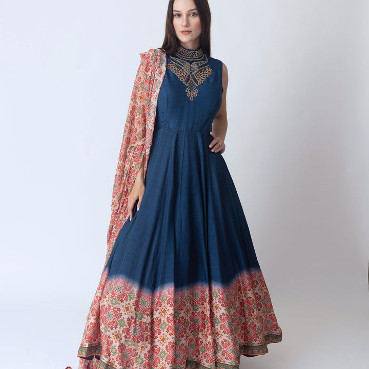 Myka Blue Gown with Hand Embroidery and Patola Print - Raas