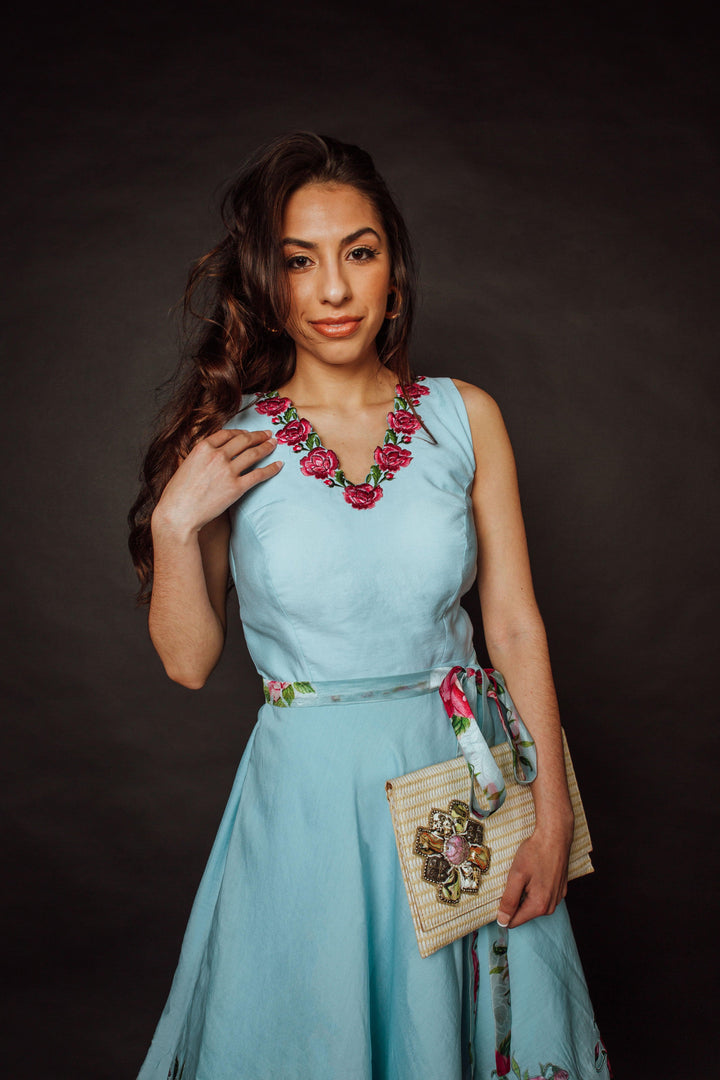 Nerissa Blue Midi Dress with Floral Embroidery - Raas