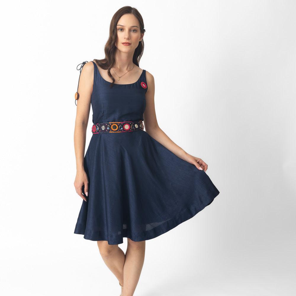 Nina Blue Short Dress with Embroidered Belt - Raas