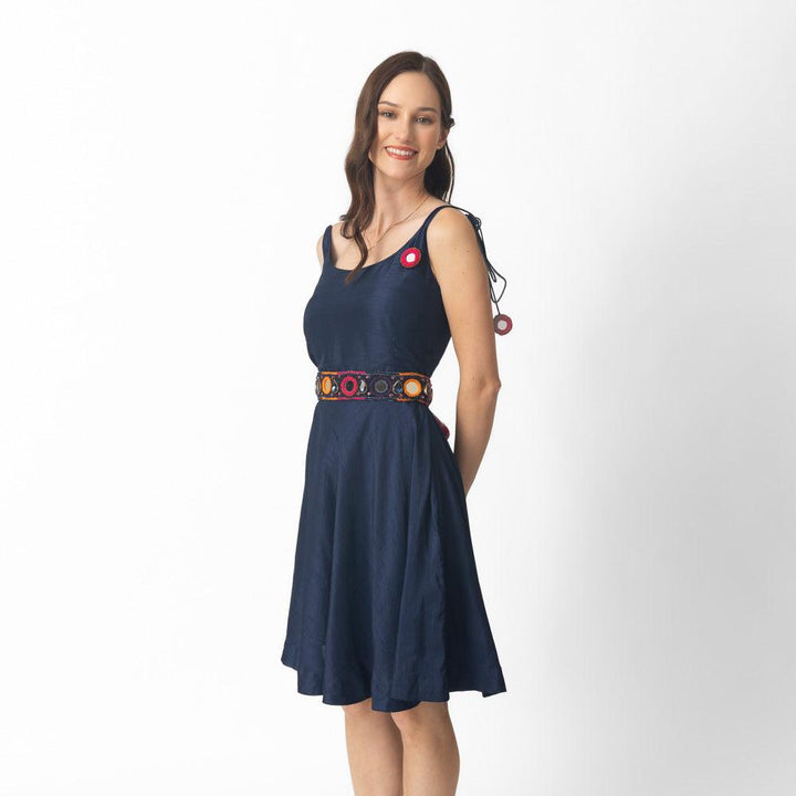 Nina Blue Short Dress with Embroidered Belt - Raas