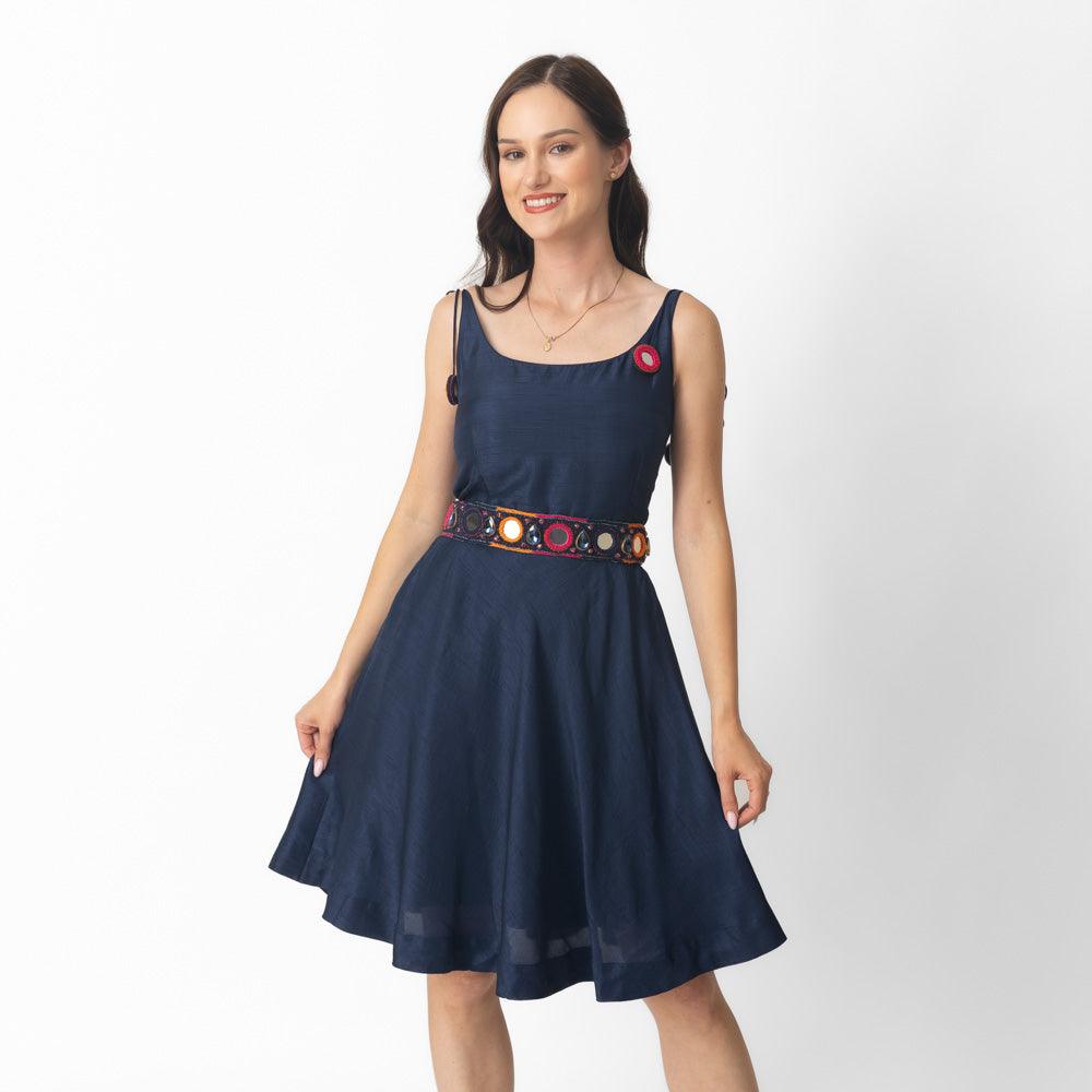 Nina Blue Short Dress with Embroidered Belt - Raas