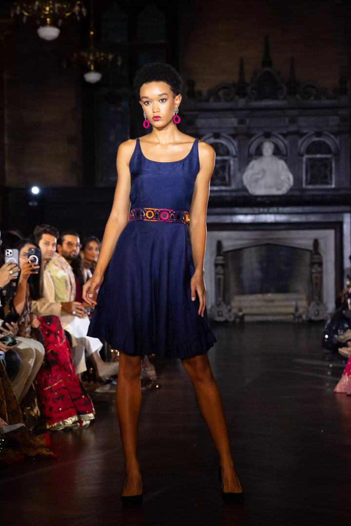 Nina Blue Short Dress with Embroidered Belt - Raas