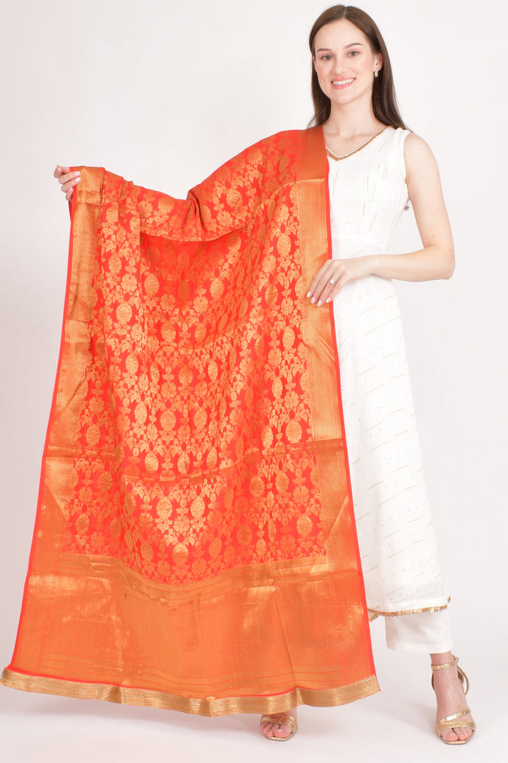Nisha Orange Jacquard Dupatta - Raas