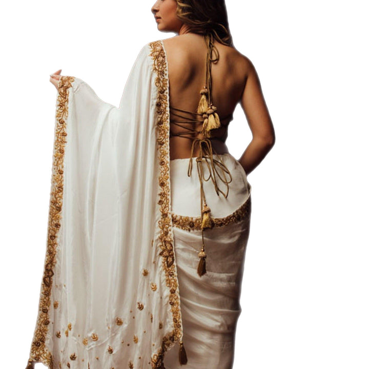 Off white silk saree with hand embroidered blouse - Raas