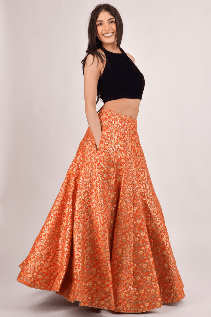 Orla Orange Brocade Lehenga Choli Set - Raas