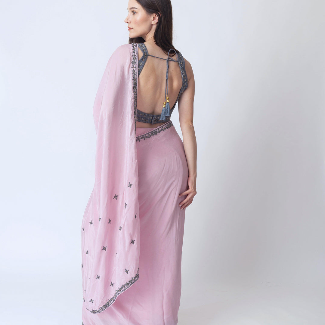 Pink Soft Silk Saree With Hand Embroidered Blouse - Raas