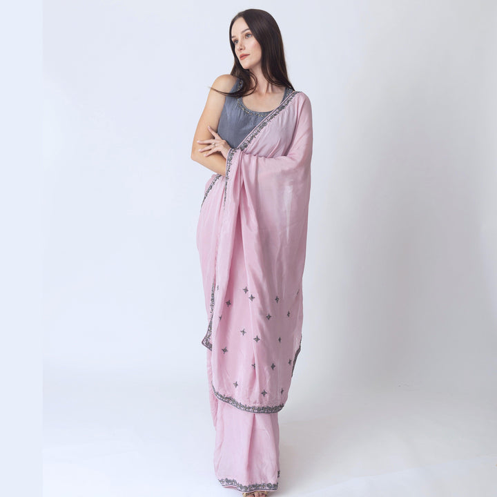 Pink Soft Silk Saree With Hand Embroidered Blouse - Raas