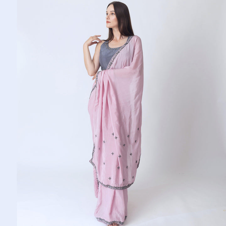 Pink Soft Silk Saree With Hand Embroidered Blouse - Raas