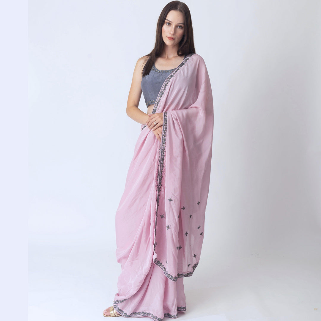 Pink Soft Silk Saree With Hand Embroidered Blouse - Raas