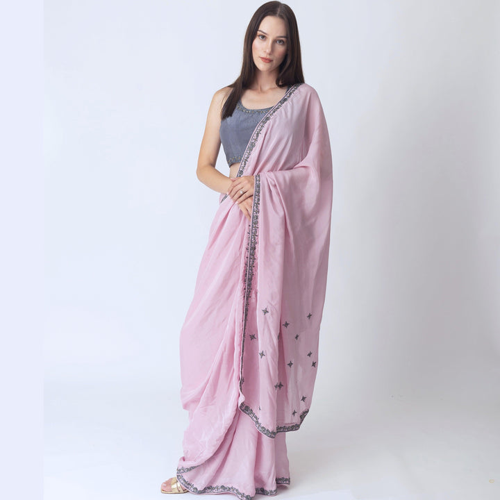 Pink Soft Silk Saree With Hand Embroidered Blouse - Raas
