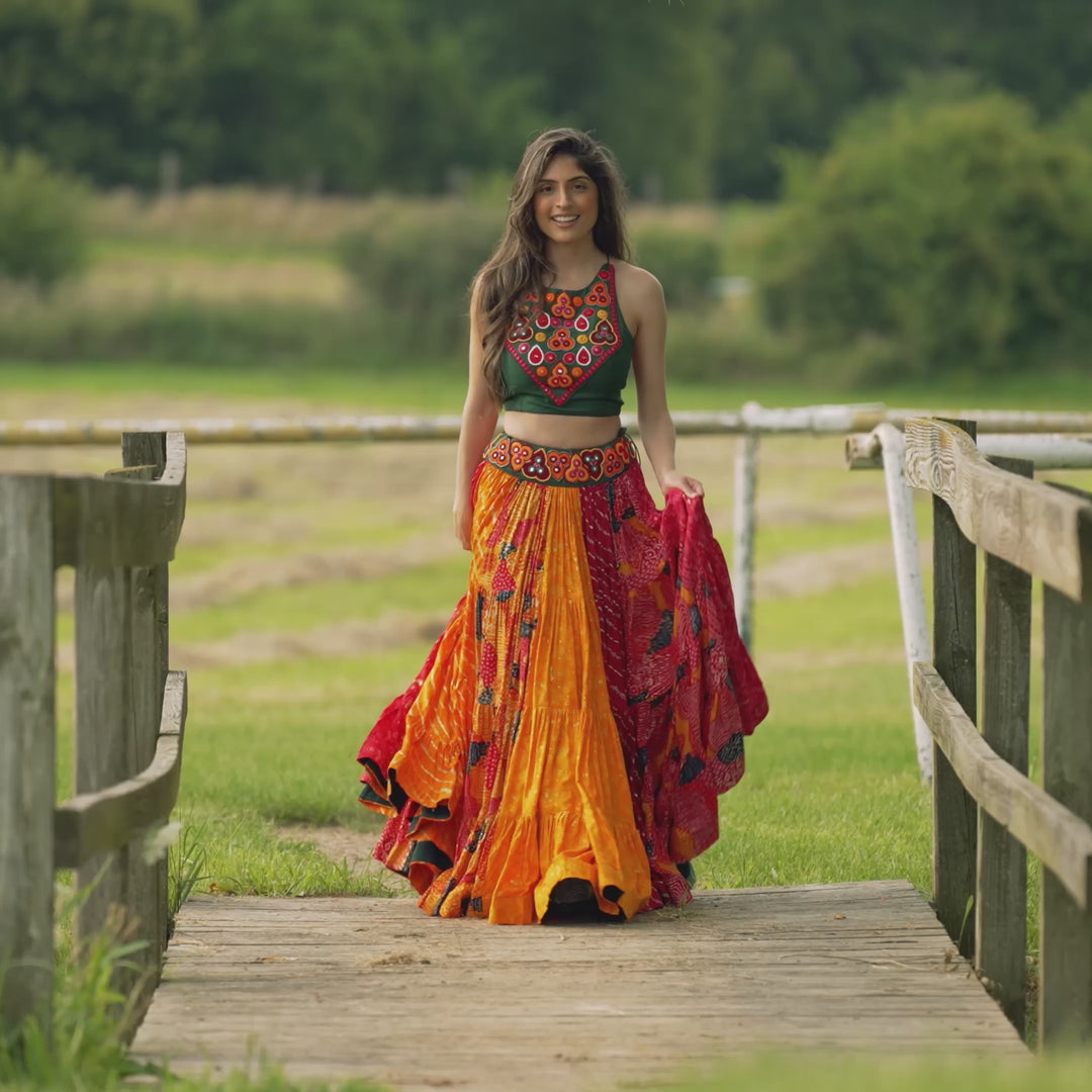 Model walking and showcasing the Padme Chaniya Choli Set at a stable