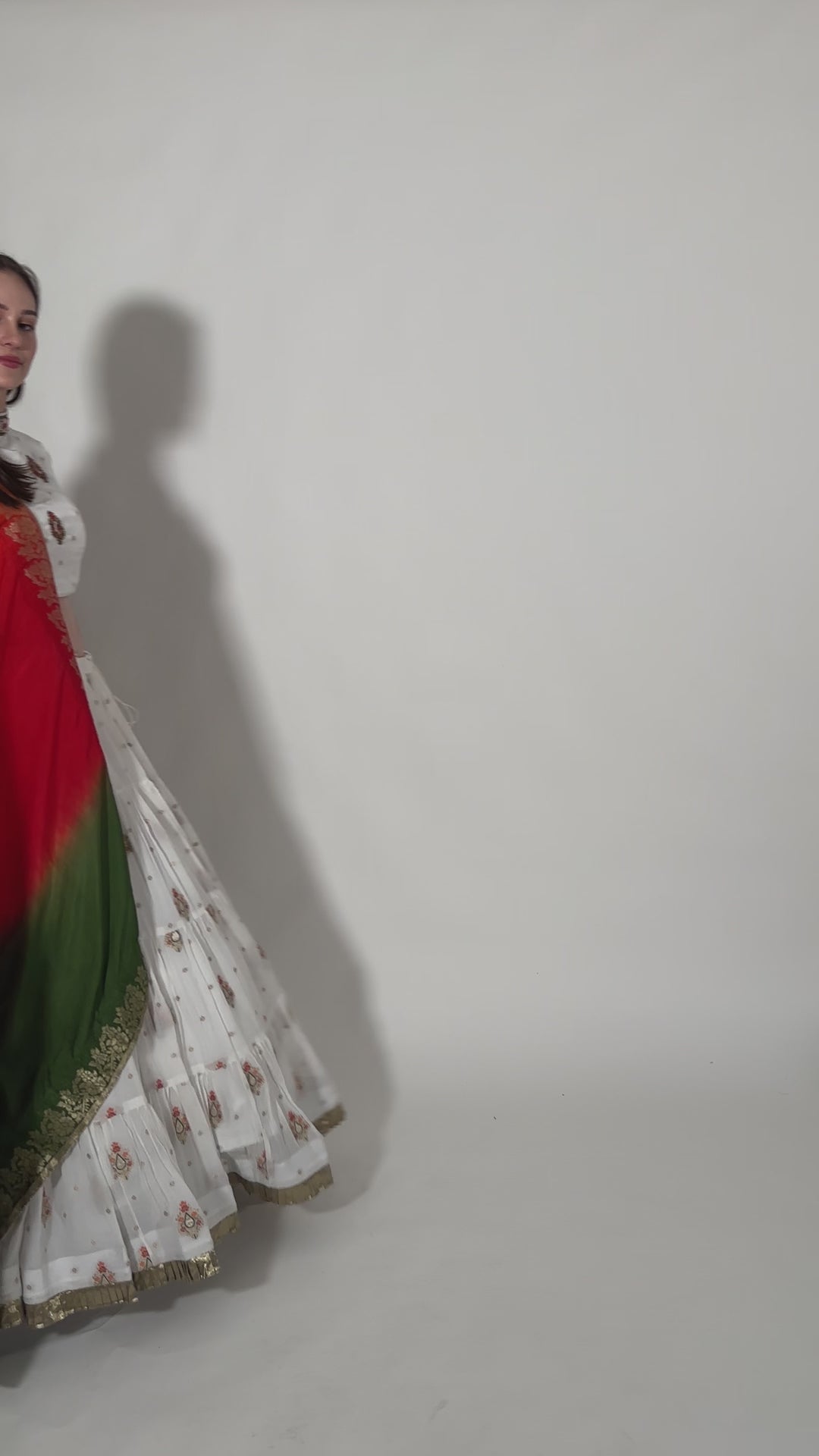 Rose White lehenga with embroidered high neck choli and multi color dupatta