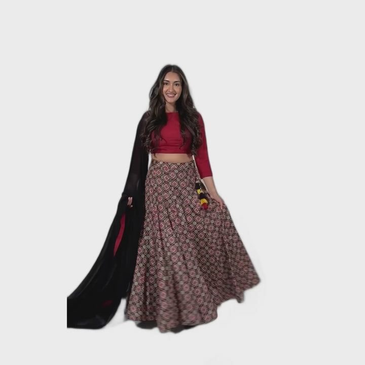 Kya Black Red silk lehenga choli set