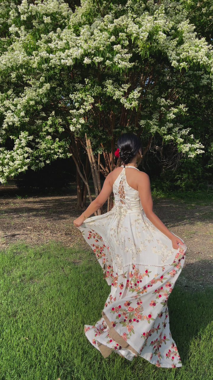 White Print Plunge Neckline Gown