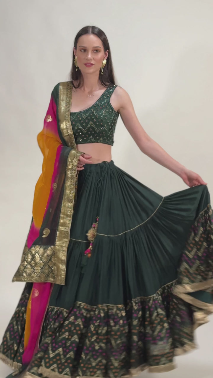 One Shoulder Forest Green Full Flare Tiered Lehenga