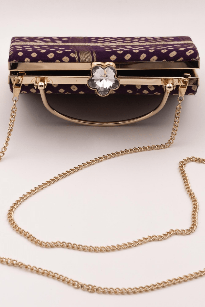 Purple Bandhej Silk Mony Clutch with Gold Chain BAGS RAAS
