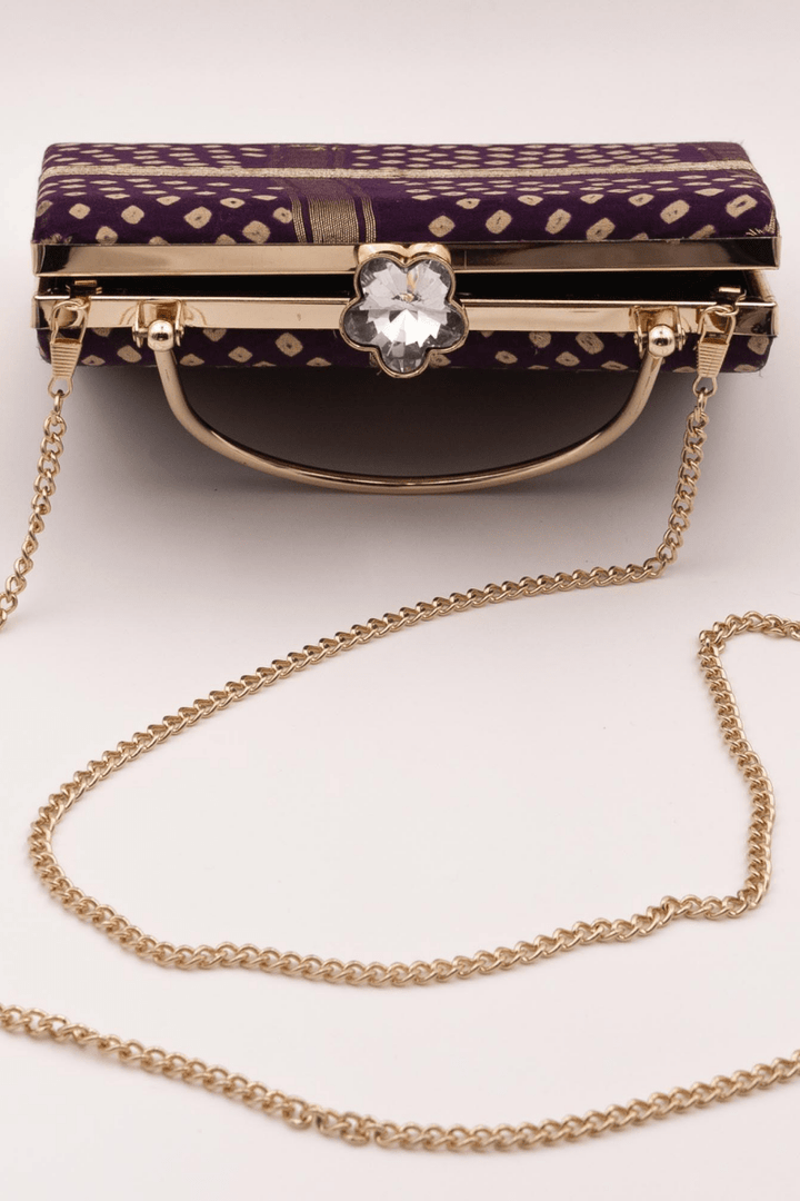 Purple Bandhej Silk Mony Clutch with Gold Chain BAGS RAAS