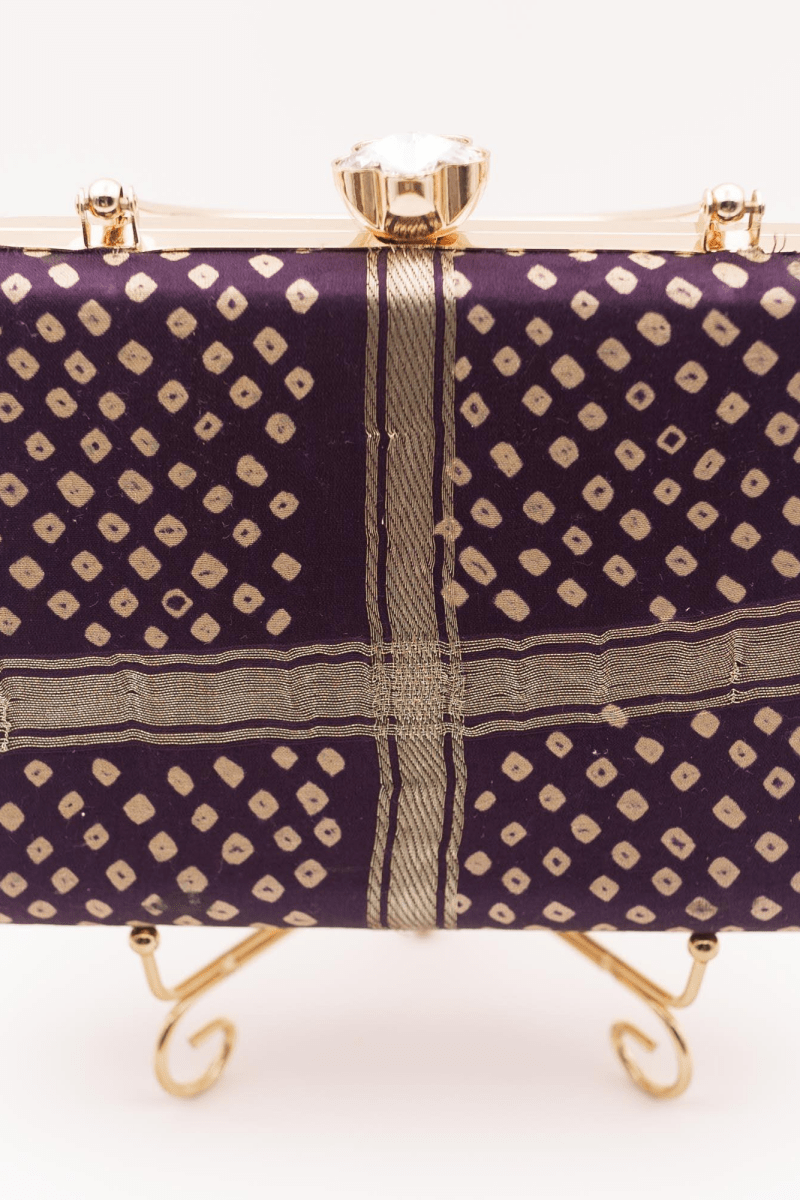 Purple Bandhej Silk Mony Clutch with Gold Chain BAGS RAAS