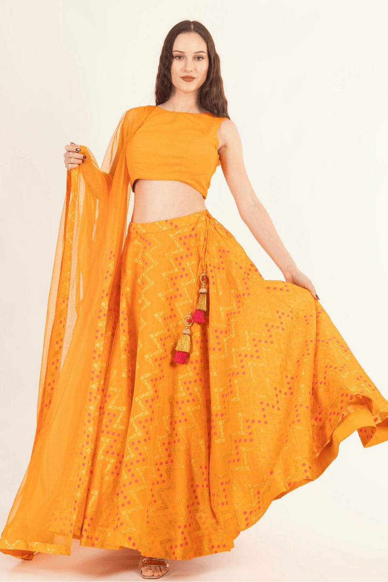 Raas - Aliza Yellow Lehenga with Silk Sleeveless Blouse - Chaniya choli USA