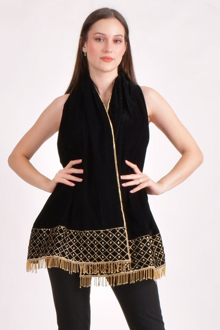 Black Hand Embroidered Velvet Scarf scarves & stoles RAAS
