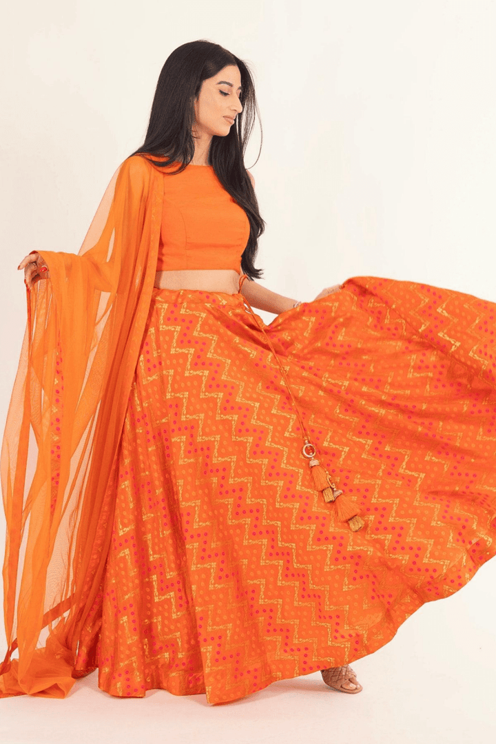 Raas - Juniper Clementine Orange Lehenga with Tie Back Blouse - Chaniya choli USA