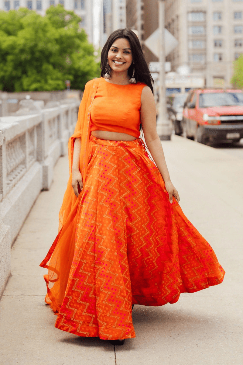 Raas - Juniper Clementine Orange Lehenga with Tie Back Blouse - Chaniya choli USA