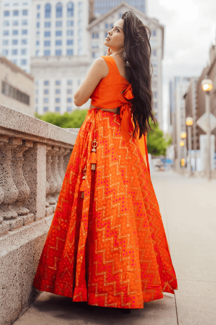 Raas - Juniper Clementine Orange Lehenga with Tie Back Blouse - Chaniya choli USA