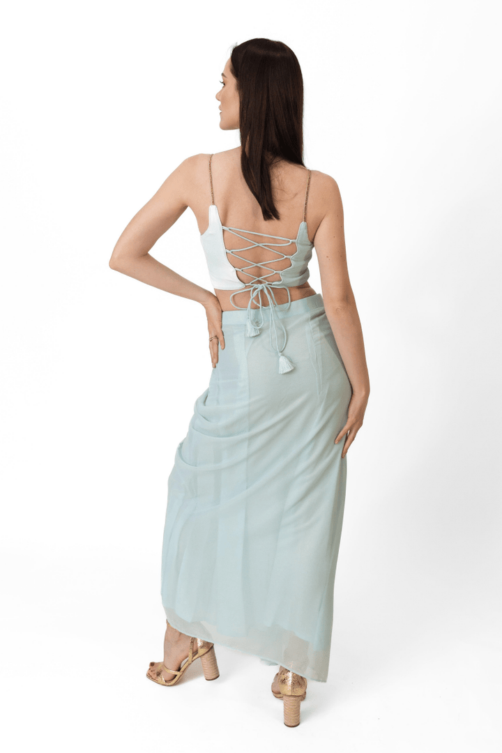 Raas - Kiya Sky Blue Shimmer Drape Skirt Set - sarees and lehengas USA