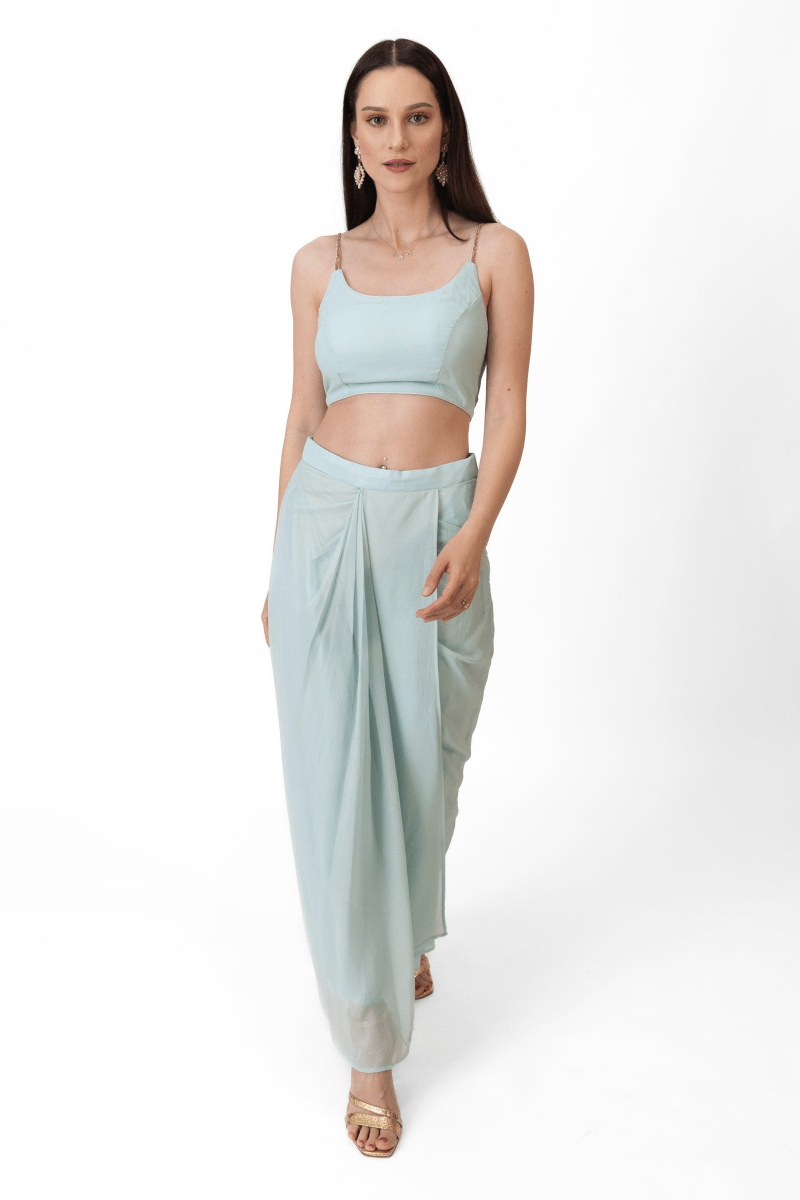 Raas - Kiya Sky Blue Shimmer Drape Skirt Set - sarees and lehengas USA