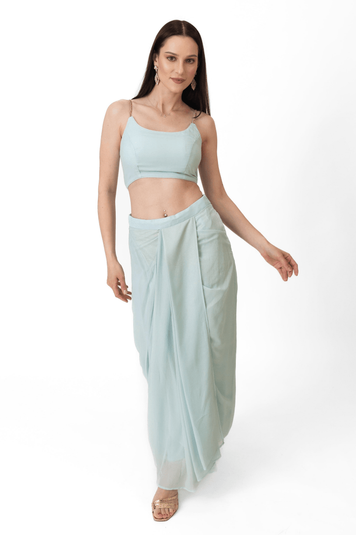 Raas - Kiya Sky Blue Shimmer Drape Skirt Set - sarees and lehengas USA