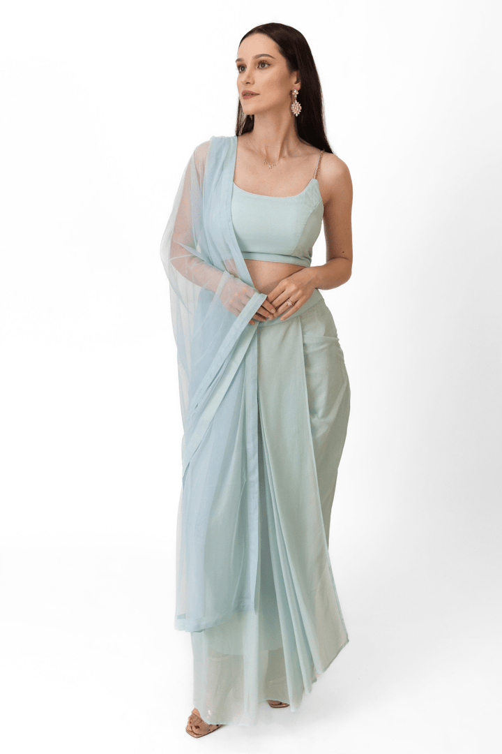Raas - Kiya Sky Blue Shimmer Drape Skirt Set - sarees and lehengas USA