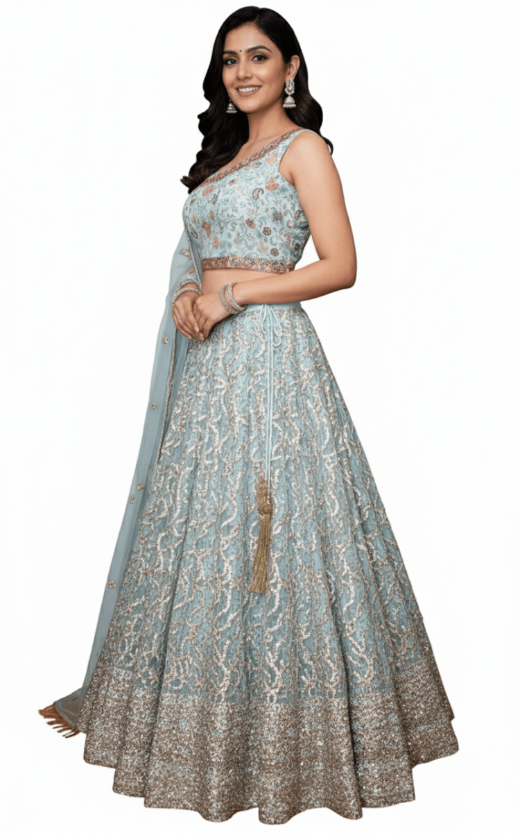 Raas - Mint Green Sequins Lehenga Choli with Embroidery - CHANIYA CHOLI USA