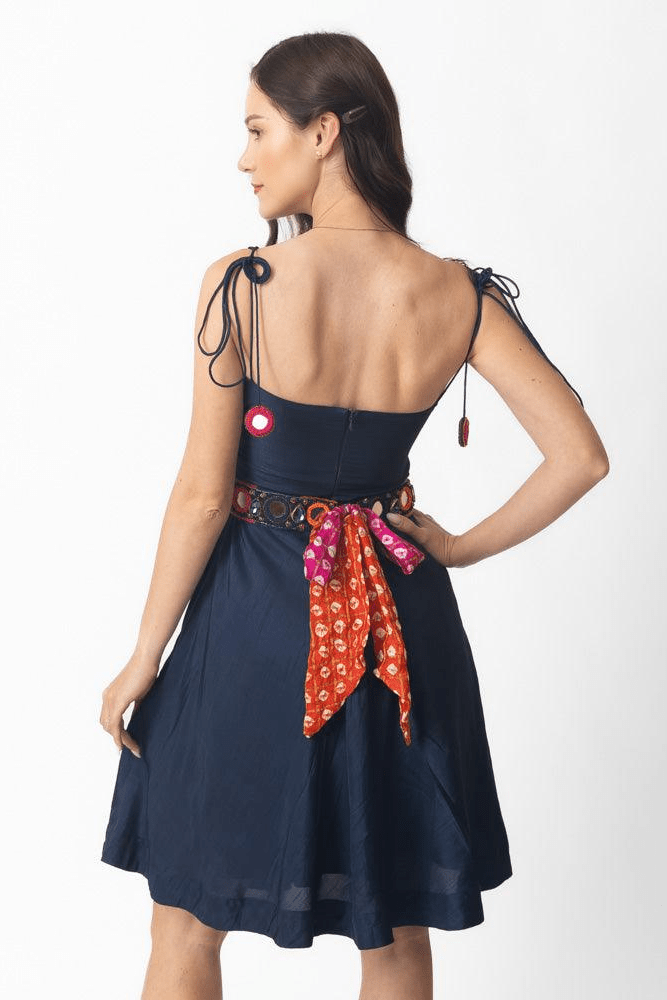 Raas - Nina Blue Short Dress with Embroidered Belt - dresses USA