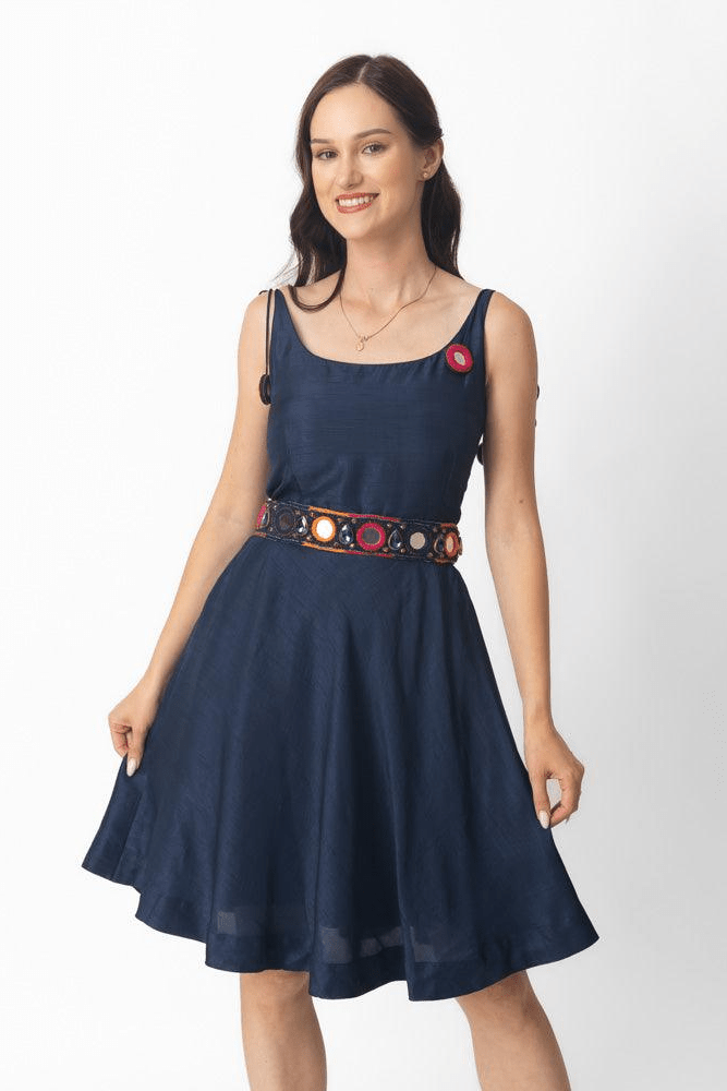 Raas - Nina Blue Short Dress with Embroidered Belt - dresses USA