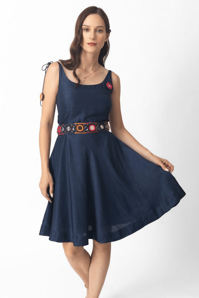 Raas - Nina Blue Short Dress with Embroidered Belt - dresses USA